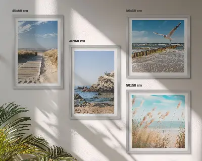 Mur de tableaux plage avec sentier en bois bordé de falaises