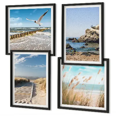 Mur de tableaux plage avec sentier en bois bordé de falaises