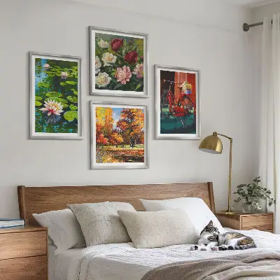 Ensemble de 4 tableaux représentant l'étang aux nénuphars aux couleurs d'automne