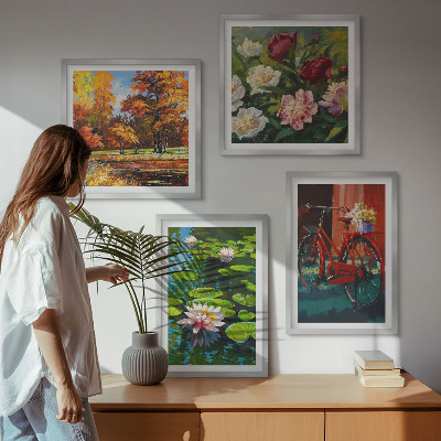 Ensemble de 4 tableaux Couleurs d'automne étang aux nénuphars