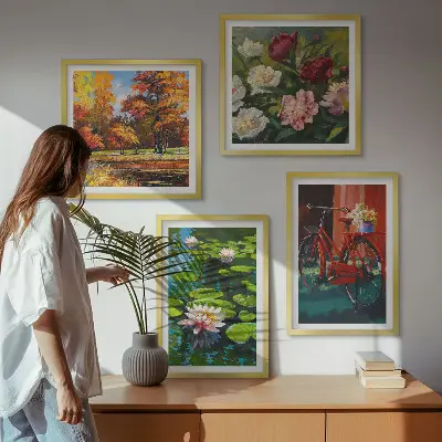 Ensemble de 4 tableaux représentant l'étang aux nénuphars aux couleurs d'automne