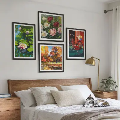 Ensemble de 4 tableaux représentant l'étang aux nénuphars aux couleurs d'automne