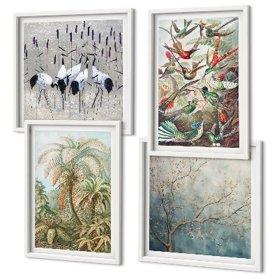 Ensemble de 4 tableaux Plantes tropicales, oiseaux, nature