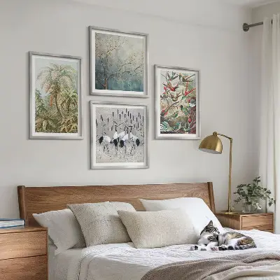 Ensemble de 4 tableaux motifs de plantes tropicales et d'oiseaux dans la nature