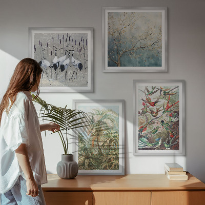 Ensemble de 4 tableaux Plantes tropicales, oiseaux, nature