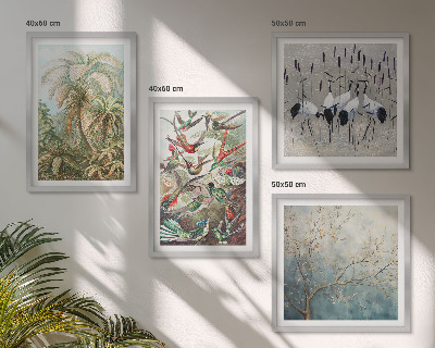 Ensemble de 4 tableaux Plantes tropicales, oiseaux, nature