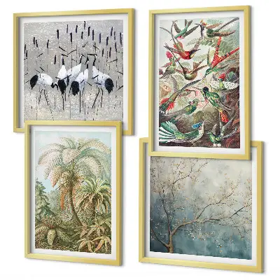 Ensemble de 4 tableaux motifs de plantes tropicales et d'oiseaux dans la nature