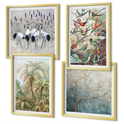 Ensemble de 4 tableaux Plantes tropicales, oiseaux, nature