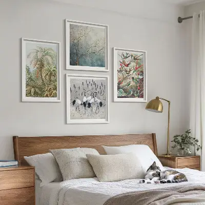 Ensemble de 4 tableaux motifs de plantes tropicales et d'oiseaux dans la nature