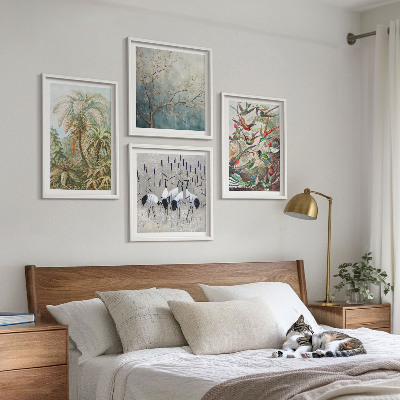 Ensemble de 4 tableaux Plantes tropicales, oiseaux, nature