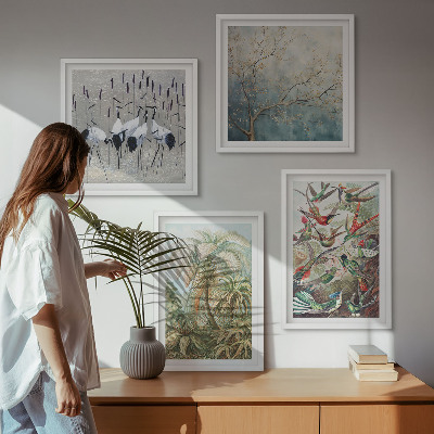 Ensemble de 4 tableaux Plantes tropicales, oiseaux, nature