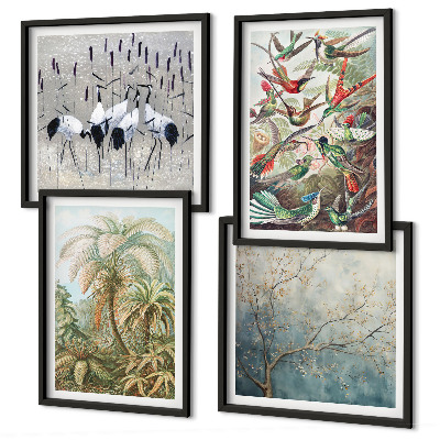 Ensemble de 4 tableaux Plantes tropicales, oiseaux, nature