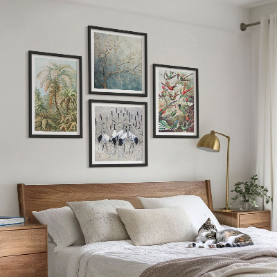 Ensemble de 4 tableaux Plantes tropicales, oiseaux, nature