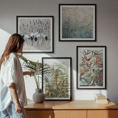 Ensemble de 4 tableaux Plantes tropicales, oiseaux, nature