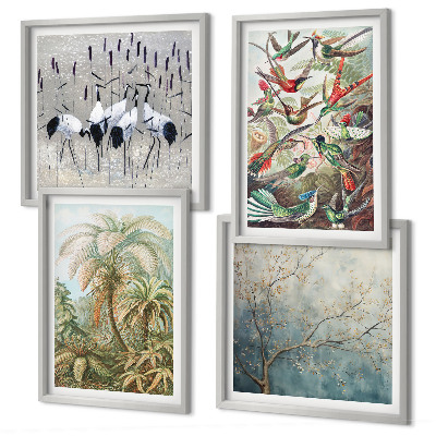 Ensemble de 4 tableaux Plantes tropicales, oiseaux, nature