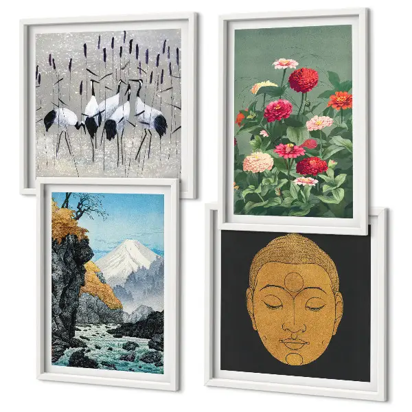 Tableau polyptyque 4 cadres motif nature japonaise style japandi
