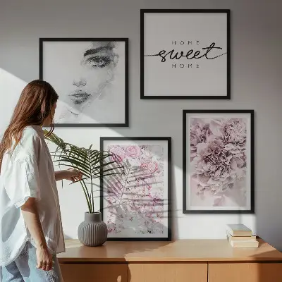 Tableau polyptyque de pivoines représentation d'une femme avec cadre