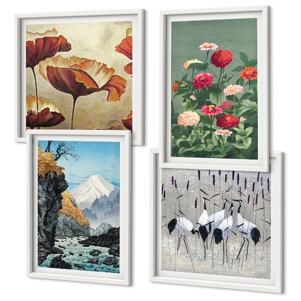 Ensemble de 4 tableaux Montagnes cascade oiseaux fleurs
