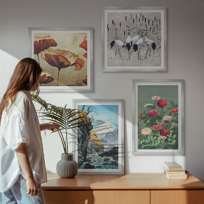 Ensemble de 4 tableaux Montagnes cascade oiseaux fleurs
