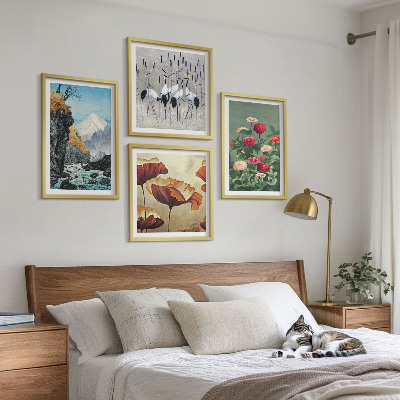 Ensemble de 4 tableaux Montagnes cascade oiseaux fleurs