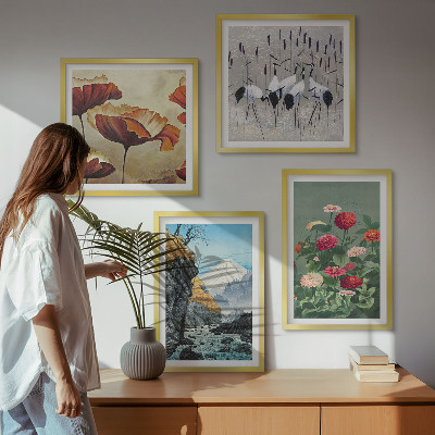 Ensemble de 4 tableaux Montagnes cascade oiseaux fleurs