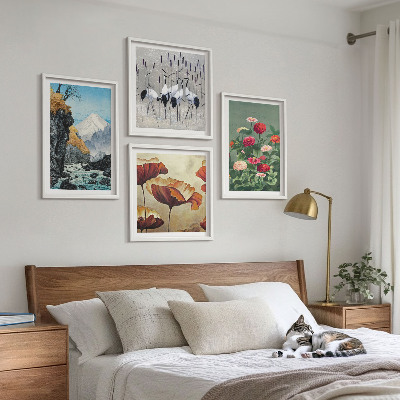 Ensemble de 4 tableaux Montagnes cascade oiseaux fleurs