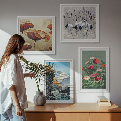 Ensemble de 4 tableaux Montagnes cascade oiseaux fleurs