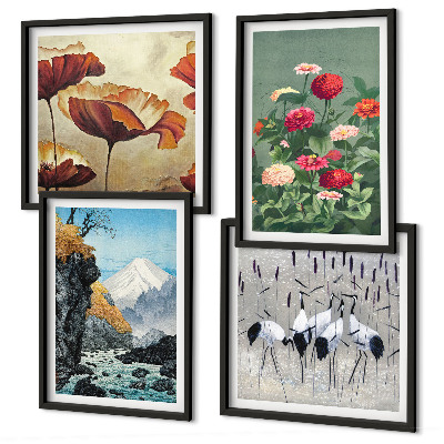 Ensemble de 4 tableaux Montagnes cascade oiseaux fleurs