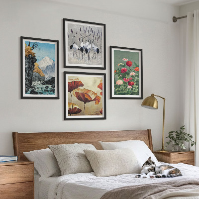 Ensemble de 4 tableaux Montagnes cascade oiseaux fleurs