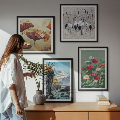 Ensemble de 4 tableaux Montagnes cascade oiseaux fleurs