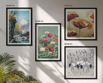 Ensemble de 4 tableaux représentant des montagnes, une cascade, des oiseaux et des fleurs