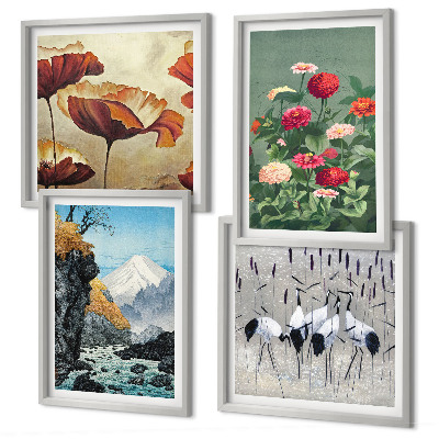Ensemble de 4 tableaux Montagnes cascade oiseaux fleurs