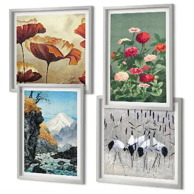 Ensemble de 4 tableaux représentant des montagnes, une cascade, des oiseaux et des fleurs