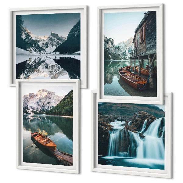 Ensemble de 4 tableaux Reflets des bateaux sur les lacs de montagne