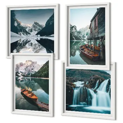 Reflets des bateaux sur les lacs de montagne ensemble de 4 tableaux