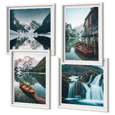 Ensemble de 4 tableaux Reflets des bateaux sur les lacs de montagne