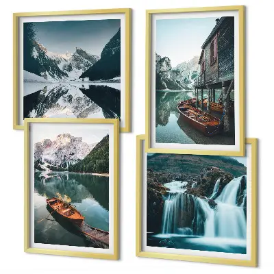 Reflets des bateaux sur les lacs de montagne ensemble de 4 tableaux