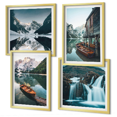 Ensemble de 4 tableaux Reflets des bateaux sur les lacs de montagne