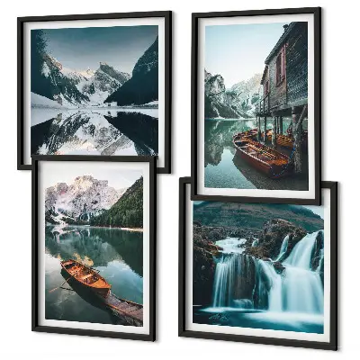 Reflets des bateaux sur les lacs de montagne ensemble de 4 tableaux