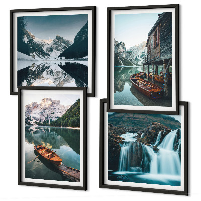 Ensemble de 4 tableaux Reflets des bateaux sur les lacs de montagne