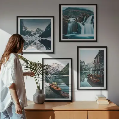 Reflets des bateaux sur les lacs de montagne ensemble de 4 tableaux