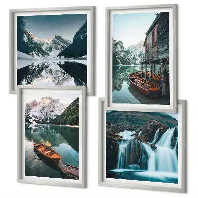 Reflets des bateaux sur les lacs de montagne ensemble de 4 tableaux