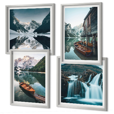 Ensemble de 4 tableaux Reflets des bateaux sur les lacs de montagne