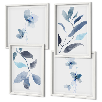 Ensemble de 4 tableaux Aquarelle de feuilles bleues