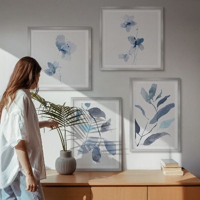 Ensemble de 4 tableaux Aquarelle de feuilles bleues
