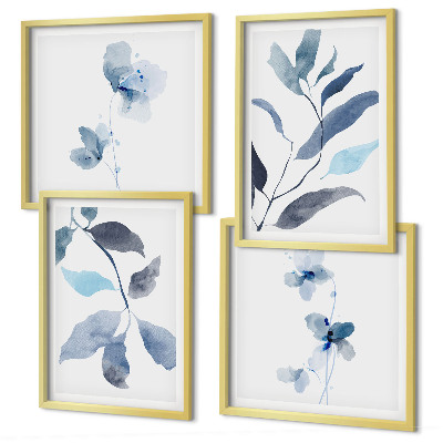 Ensemble de 4 tableaux Aquarelle de feuilles bleues