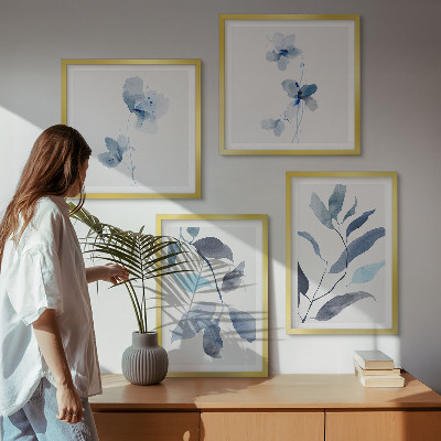 Ensemble de 4 tableaux Aquarelle de feuilles bleues