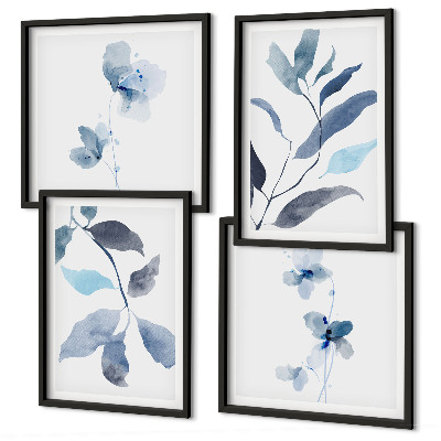 Ensemble de 4 tableaux Aquarelle de feuilles bleues