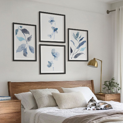 Ensemble de 4 tableaux Aquarelle de feuilles bleues