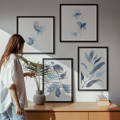 Ensemble de 4 tableaux Aquarelle de feuilles bleues